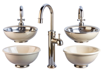 Set of isolated images of bathroom Ceramics sinks with shiny stainless steel mixer taps