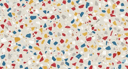 Vibrant terrazzo seamless pattern with colorful red, blue, and yellow stone chips. Abstract mosaic texture background for modern interior design.
