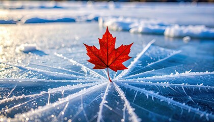  single red maple leaf floating above icy ground, microfractures forming radial cracks in frost below