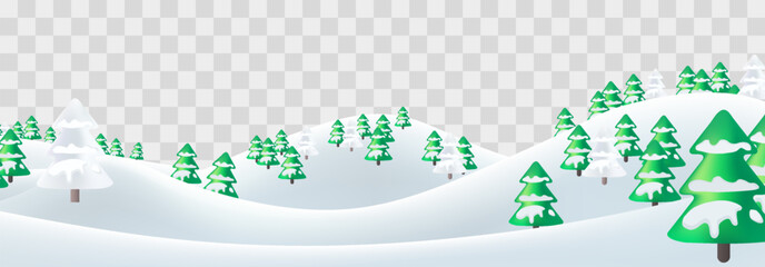 Winter vector landscape with snowdrifts and snowy fir trees. Snow landscape decoration, frozen hills isolated on png background. Vector snowbanks field. Christmas vector illustration