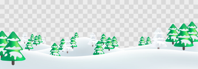 Winter vector landscape with snowdrifts and snowy fir trees. Snow landscape decoration, frozen hills isolated on png background. Vector snowbanks field. Christmas vector illustration