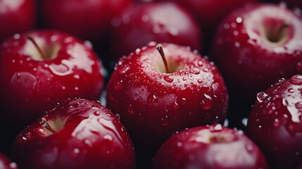 Fresh ripe red apples with water droplets, full frame background of juicy seasonal fruit harvest, healthy organic food concept




