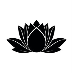 Black silhouette of a lotus flower with layered petals on a white background black and white bloom