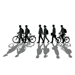 Obraz premium Pedestrians and cyclists commuting in silhouette vector art for urban lifestyle and city transportation scene on transparent background