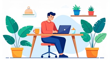 Man working from home at desk with laptop and plants, modern workspace, remote work concept