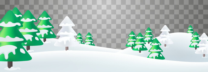 Winter vector landscape with snowdrifts and snowy fir trees. Snow landscape decoration, frozen hills isolated on png background. Vector snowbanks field. Christmas vector illustration