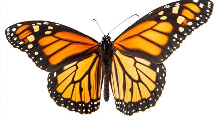 Fototapeta premium Close-up of a monarch butterfly with orange and black wings isolated on white background.