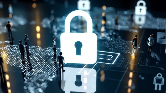 Cyber Security: An abstract depiction of a secure digital world, with a prominent lock symbol at the center, small figures representing individuals or the collective and intricate electronic pathways.