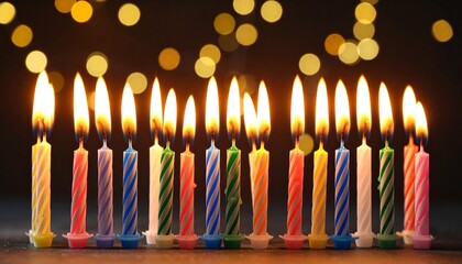 Colorful birthday candles burning brightly against a festive bokeh background ready for celebration
