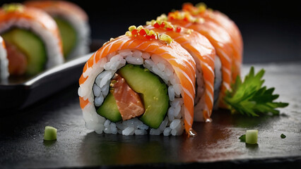 Tasty sushi rolls with fresh salmon and rice arranged on a dark background for an elegant presentation.