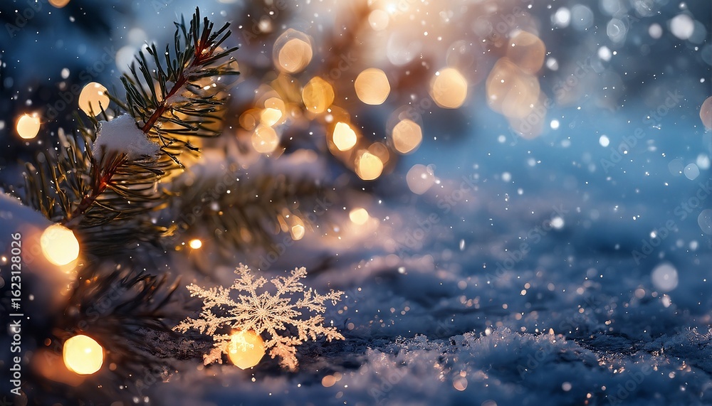 Poster a softly focused winter scene featuring a delicate snowflake and illuminated evergreen branch agains