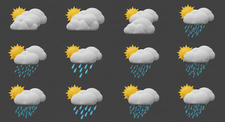 Complete 3D Weather Icon Pack Showing Rain Showers, Cloud Cover, and Sunshine &ndash; Ideal for Weather Apps, Smartwatch Widgets, and Digital Displays