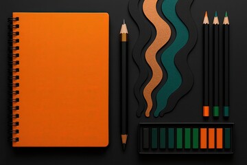 Vibrant Flatlay of Art Supplies with Orange Notebook Centered on Black Background – Creative Workspace Concept – Generative AI
