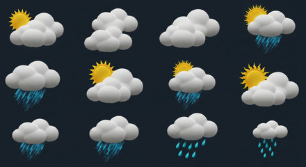 Isometric 3D Weather Forecast Icons with Realistic Clouds, Rain, and Sun for Mobile UI, Dashboard Widgets, or Educational Materials