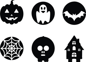 Spooky Halloween Icon Collection of Pumpkin Ghost Bat Spiderweb Skull and Haunted House Silhouettes Perfect for Festive Designs