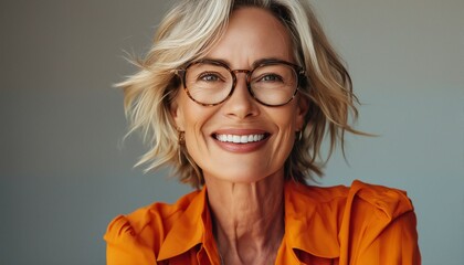 a radiant mature woman with short blonde hair and tortoiseshell glasses beams with a genuine smile while wearing a vibrant orange blouse against a muted green backdrop.