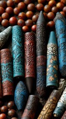 Closeup of Beautifully Detailed Handcrafted Wooden Tools in Rich Teal and Brown Tones Showcasing Intricate Carvings and Artistry