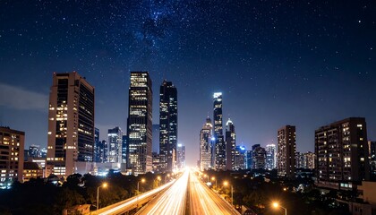 City skyline at night, vibrant lights, starlit sky