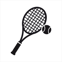 Black silhouette of a tennis racket and ball on a white background sport equipment