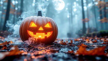 Ancient jack-o'-lantern with glowing runes carved into it, floating above a foggy forest altar, moonlight cutting through smoke