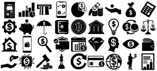 Money and finance black silhouette icon set, banking, savings, payments, cryptocurrency, and investment visuals