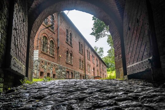 Low-angle view of the donjon (keep) in the Boyen Fortress in Gizycko. 
