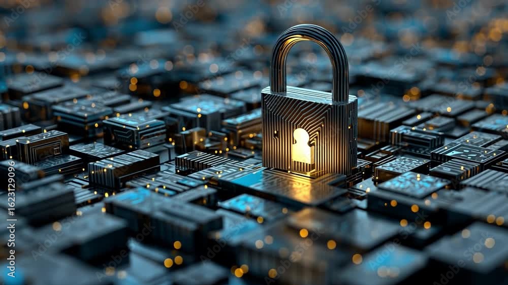 Poster cybersecurity lock: a captivating macro shot showcases a digital lock illuminated on a circuit board
