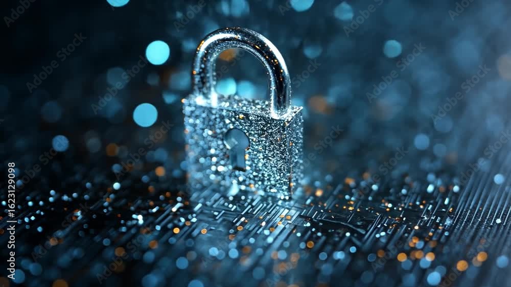 Aufkleber digital security: a glowing padlock symbol atop a circuit board, representing digital security and d