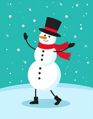 Cartoon snowman dancing in snow