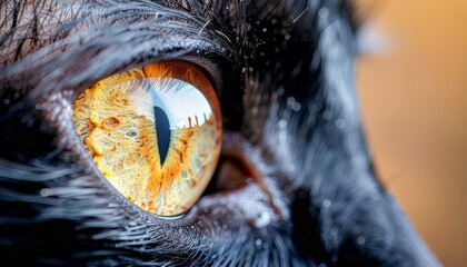 A close up of a cat's eye with a yellow iris. The eye is surrounded by a black frame, and the reflection of the eye can be seen in the iris. Concept of depth and realism