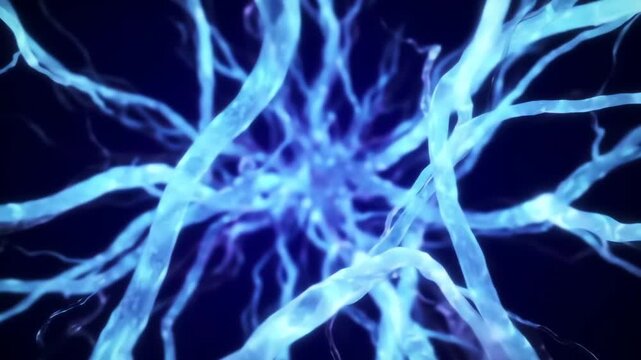Glowing blue neural network structure on dark background showing abstract nerve cell or brain connection - Powered by Adobe
