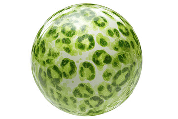 A glossy, round sphere, brightly lit, displays a pattern of  green leopard-like spots on a pale background