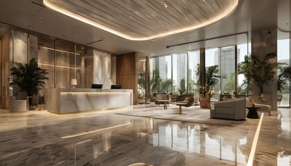 a luxurious hotel lobby features a polished marble floor, a sleek white reception desk, and comfortable seating areas illuminated by natural light from expansive windows.