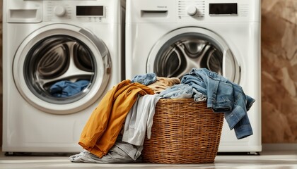 a wicker basket overflowing with freshly laundered clothes sits in front of two modern washing machines in a bright laundry room.
