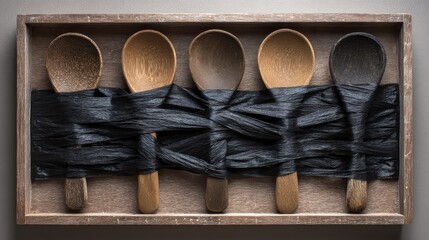 Wooden Spoons Packaged in Kraft Paper Within a Black Tray Ideal for Culinary and Presentation Uses