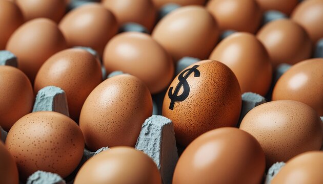 a close-up view of brown eggs in a cardboard carton with one egg marked with a black dollar sign symbolizing rising food costs and inflation.
