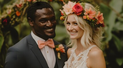 Happy Diverse Couple Wedding Portrait Tropical Flowers