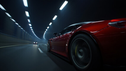 Red Sports Car Speeding Through a Tunnel at Night