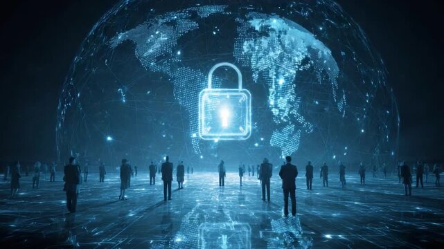 Cybersecurity Protection: An impressive illustration depicting data protection with silhouettes of individuals in a digital world, emphasizing the importance of cybersecurity.