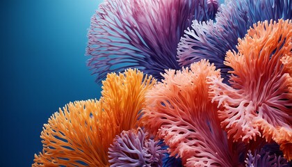 Fototapeta premium a vibrant and detailed macro shot showcases the delicate, branching structures of colorful soft coral against a deep blue background.