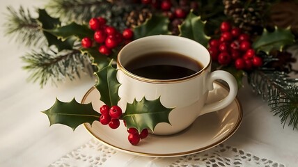 Fototapeta premium A Christmas composition with a cup of coffee and red berries on a Christmas tree branch. 