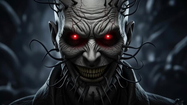Close up of a scary demon with red glowing eyes and sharp teeth, concept of horror, nightmare and evil. Spooky Halloween video.