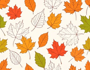 Obraz premium Vector illustration of fall leaves in various shapes and colors, hand-drawn style, seamless pattern for seasonal 