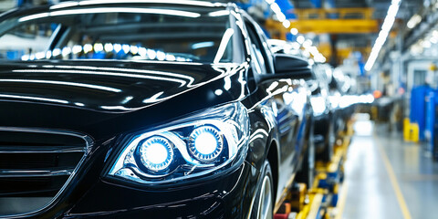 Modern car headlight in automotive assembly facility Generative AI