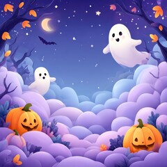 Cute ghosts in a spooky forest at night