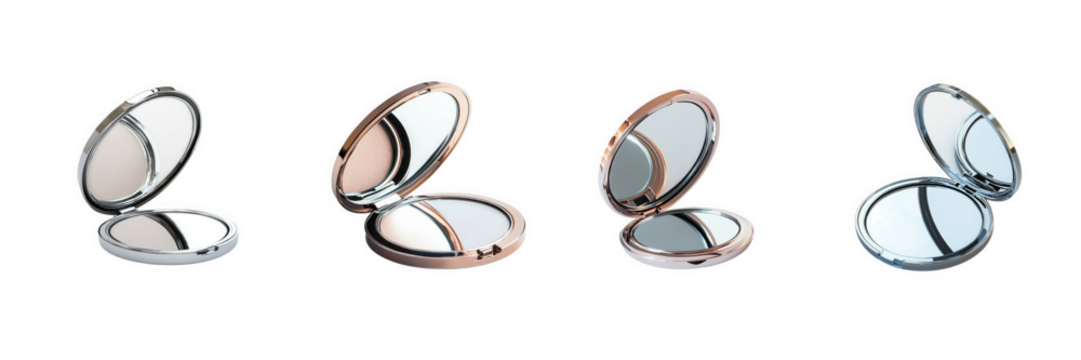 A compact mirror with an open lid reflecting soft light, set against a transparent background to emphasize its elegant design and cosmetic appeal