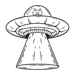 illustration art cute cat riding ufo in space black and white sticker design