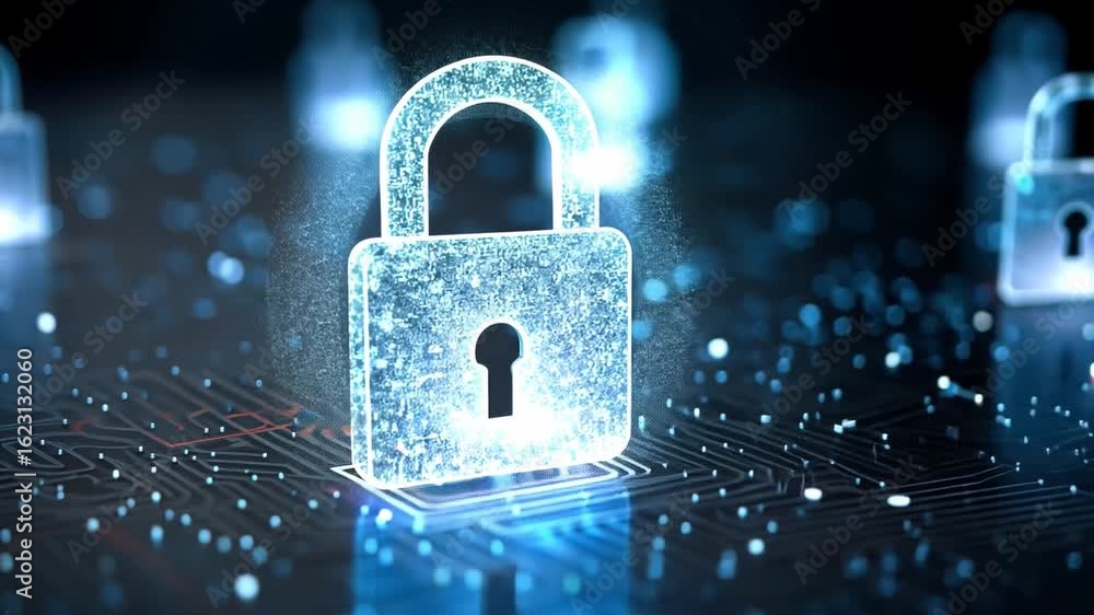 Poster digital security: a glowing padlock symbolizing secure digital connections and data protection again