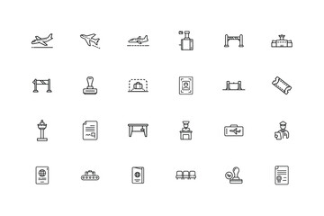 Collection outline icons related to airport immigration services airplane passport