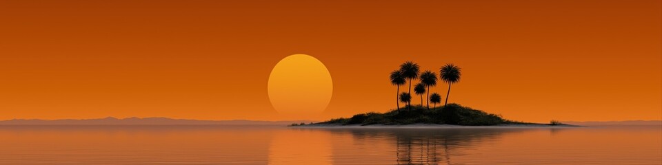 Tranquil sunset over remote island with silhouetted palm trees in orange sky